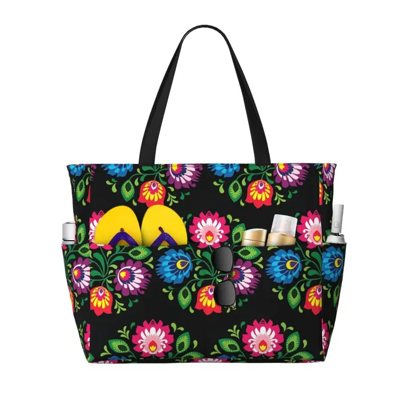 

Poland Polish Floral Folk Art Flower Large Beach Tote Bag Women Waterproof Sandproof Zipper Beach Tote Bags for Pool Gym Travel