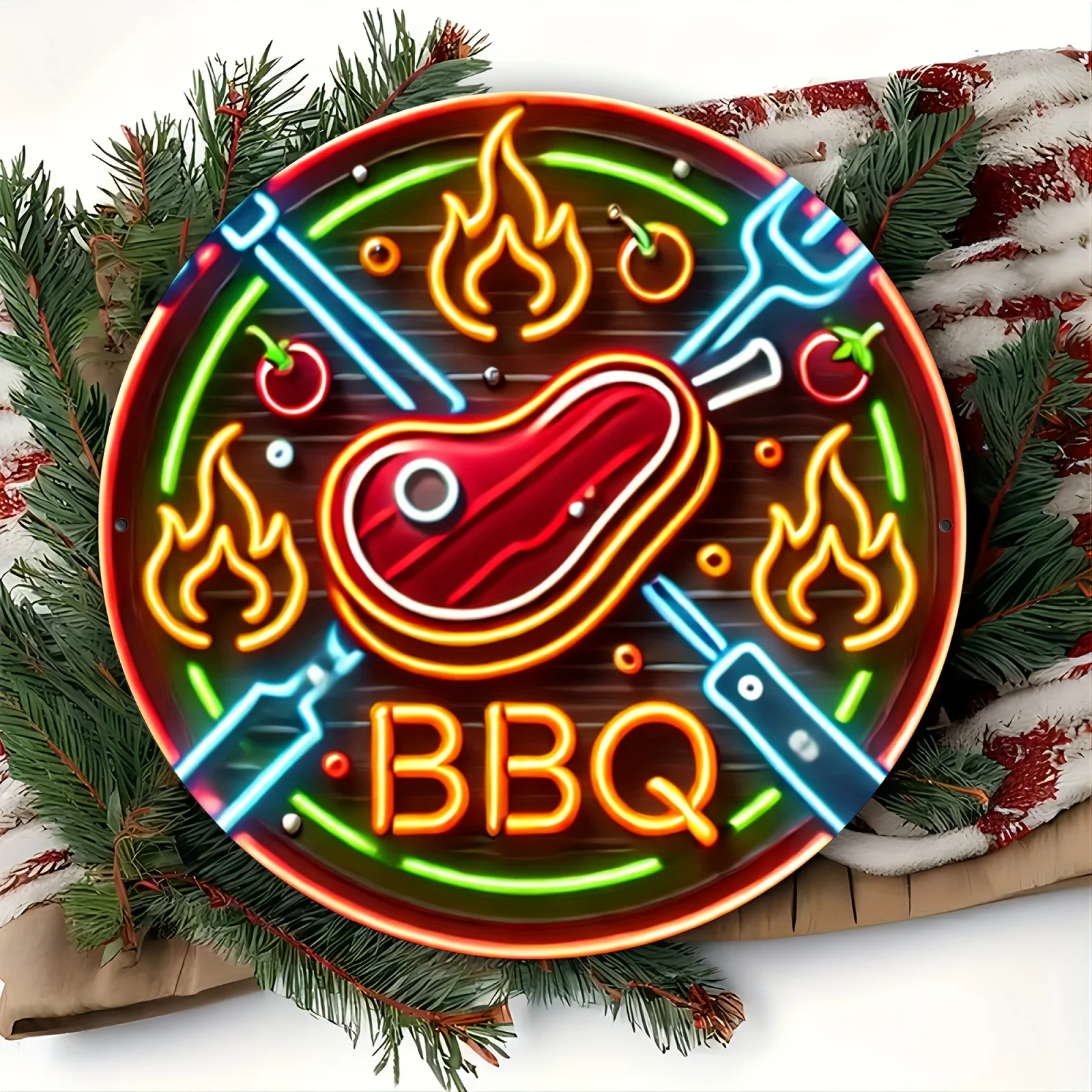 2D Retro Metal Tin Sign BBQ Wall Art Decor Neon Style Burned Grill Gears Reusable Iron Hanging for Home Kitchen Bar Garage Outdo