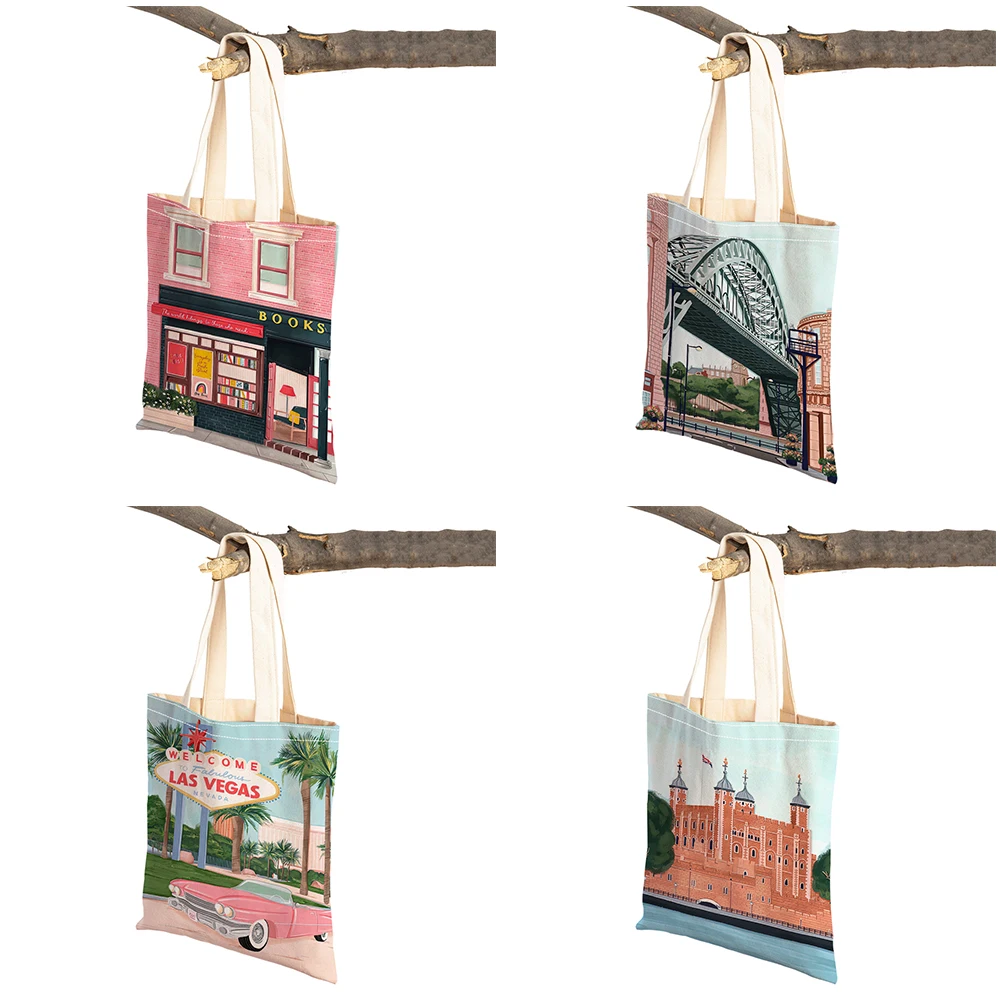 Casual Book Lady Tote Handbags Barcelona Paris Morocco Berlin New York Double Print Shoulder Shopper Bag Women Shopping Bags