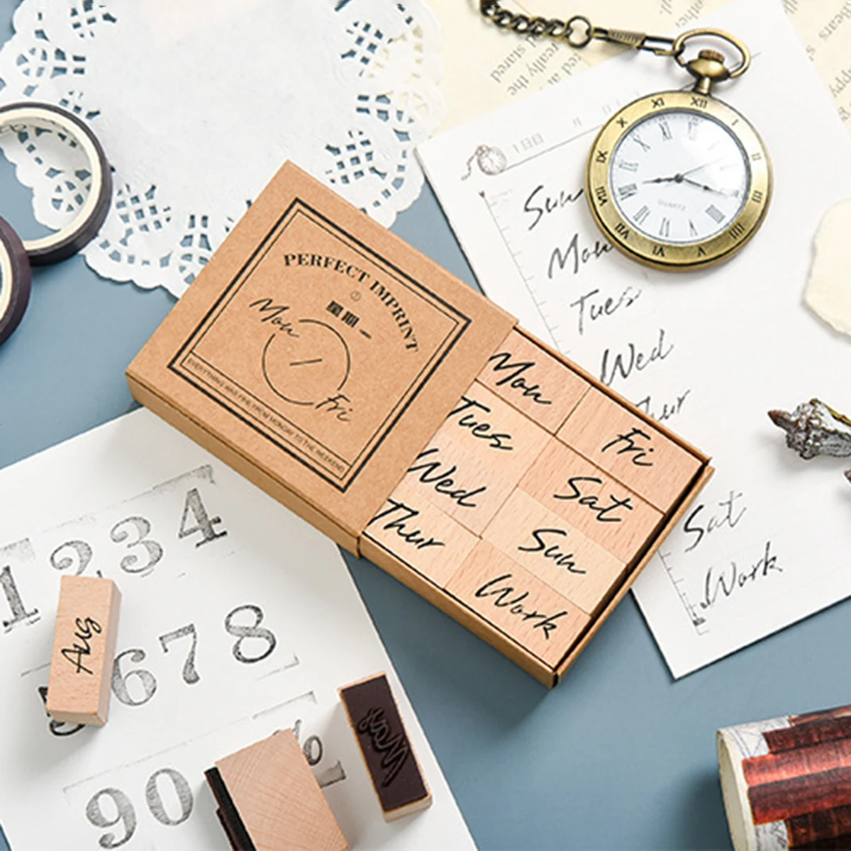 Wooden Rubber Stamp Set for Months Weekdays Numbers, DIY Journal Planner Scrapbooking Card Making Decoration Handmade Craft Gift view 6