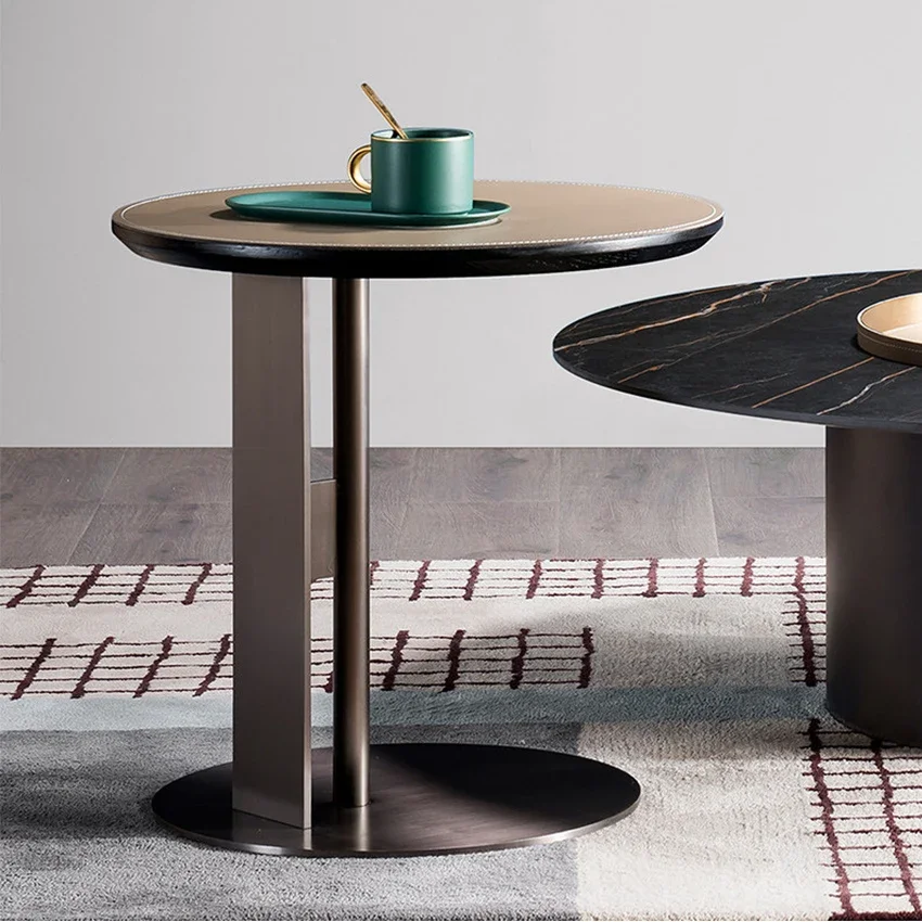 Custom Nordic Luxury Modern Style Home Furniture Stainless Steel Base Round Side Table Corner Coffee Tables With Leather Top