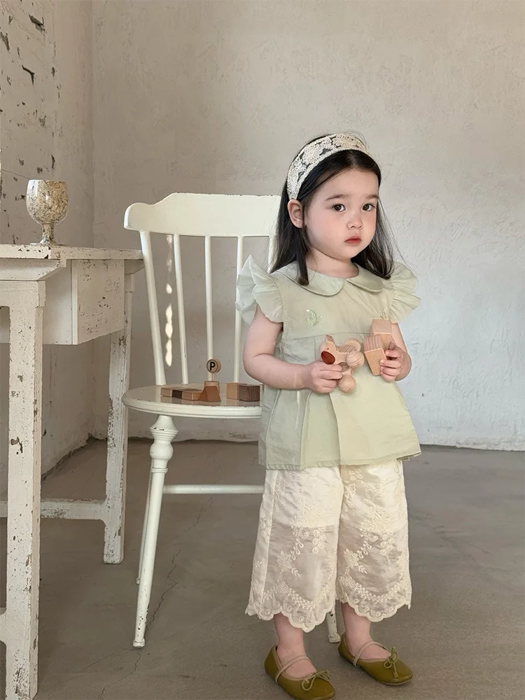 女の子の夏服綿ポリエステルストレートレッグパンツレース刺繍フライングスリーブターンダウンカラー甘くてかわいい韓国風