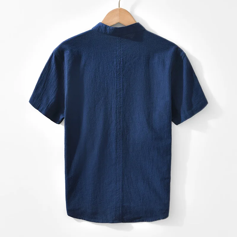 Men's Linen Blend Short‑Sleeve Henley Shirt, Stand Collar Half Placket Pullover Casual Top, Lightweight Summer Shirt for Men