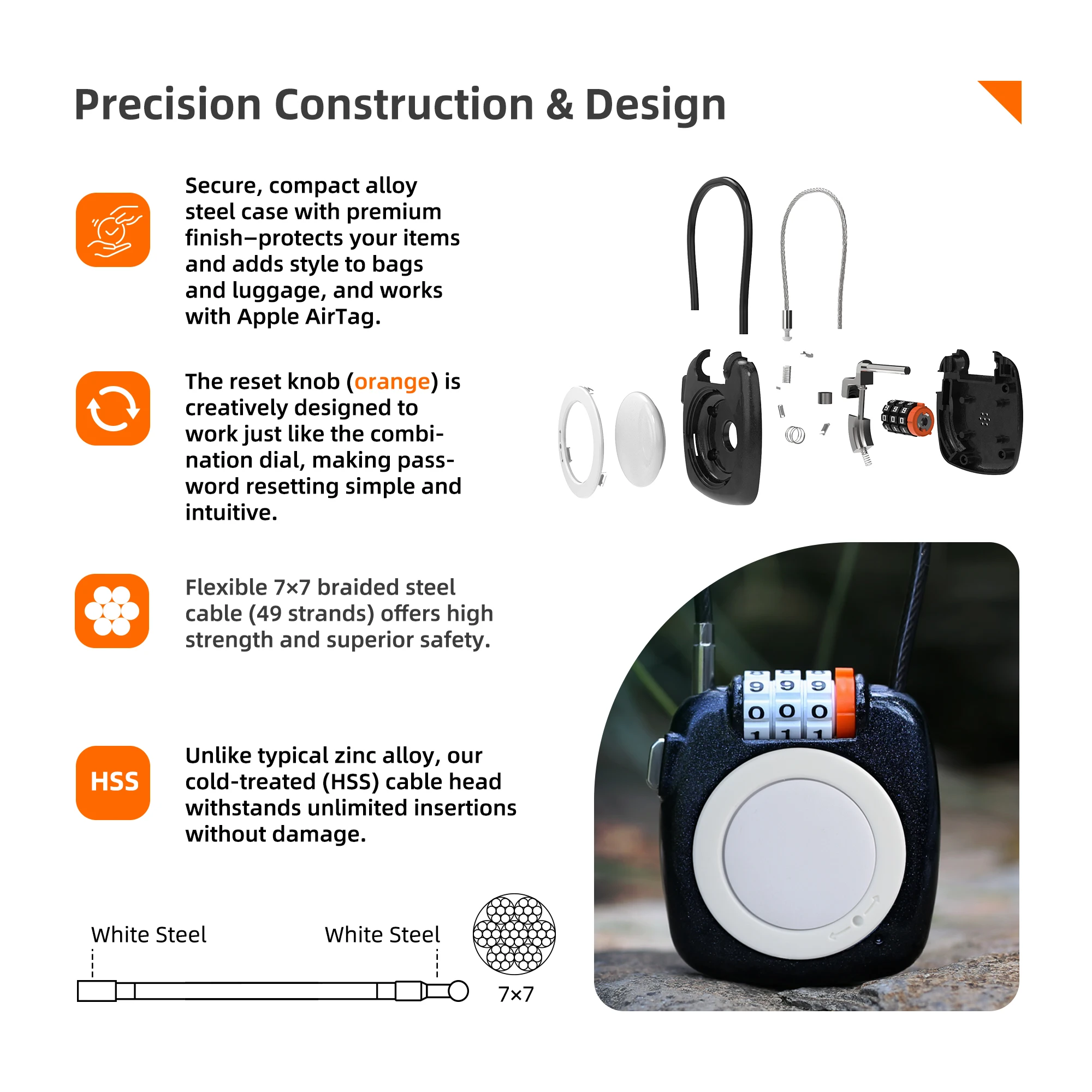 

(black ang white)AirTag Lock for Luggage, Backpack, Suitcase, Travel Safe, Metal GPS Tracker Case, Anti-Theft Secure Cable，with