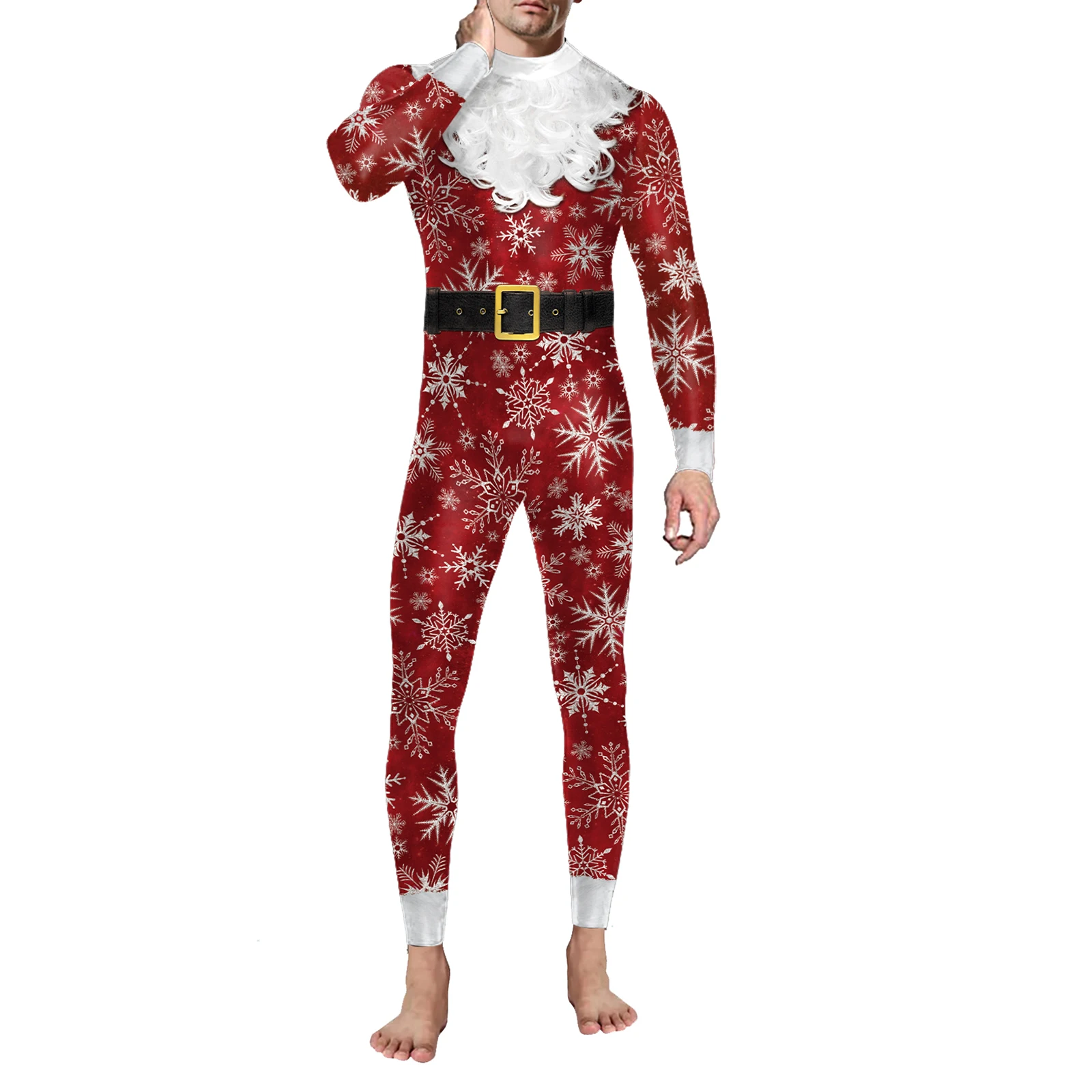 Women Men Christmas Jumpsuit Snowflake Print Bodycon Long Sleeve High Neck Bodysuit Costume