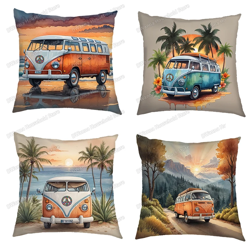Funda de cojín con estampado de acuarela, Camper, Van, playa, viaje, funda de almohada decorativa para sofá cama y coche, fundas para sala de estar