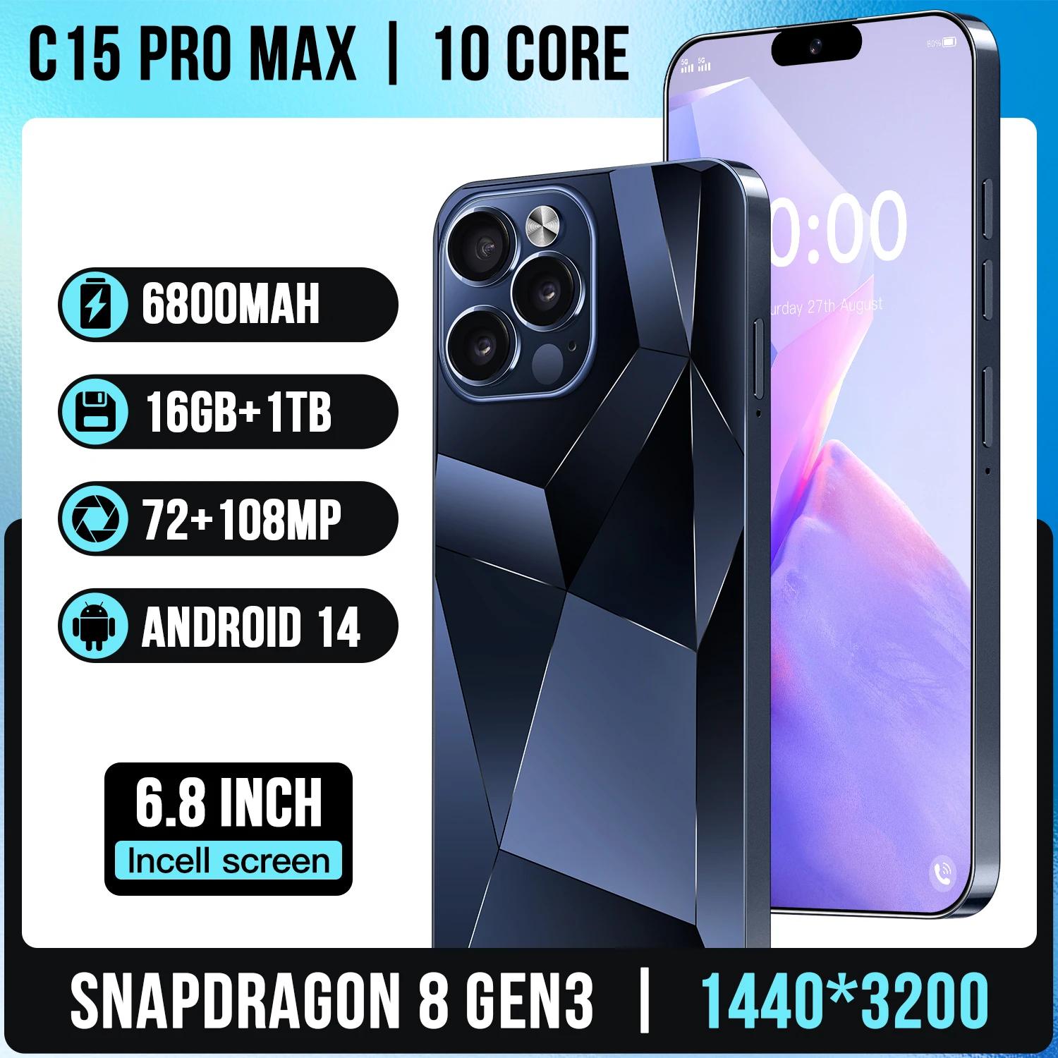 

Global Edition C15 Pro Max 2025 New 6.8inch HD Original Smart Dual Card 6800mAh Battery Facial Recognit