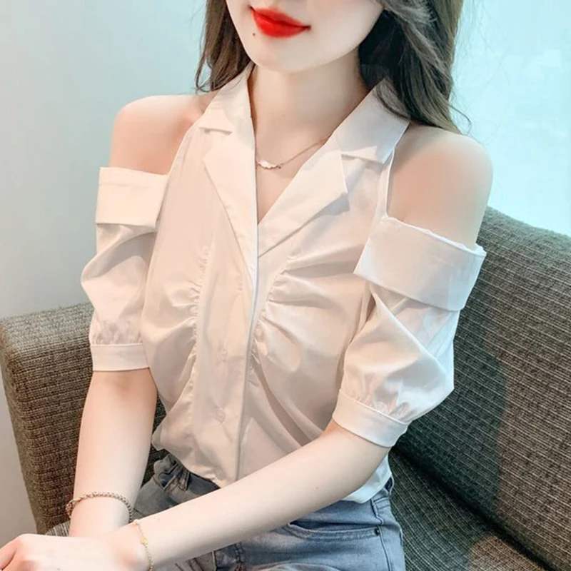 

Stylish Loose Button Spliced Folds Off Shoulder Shirt Female Clothing 2025 Summer New Casual Tops Solid Color Office Lady Blouse