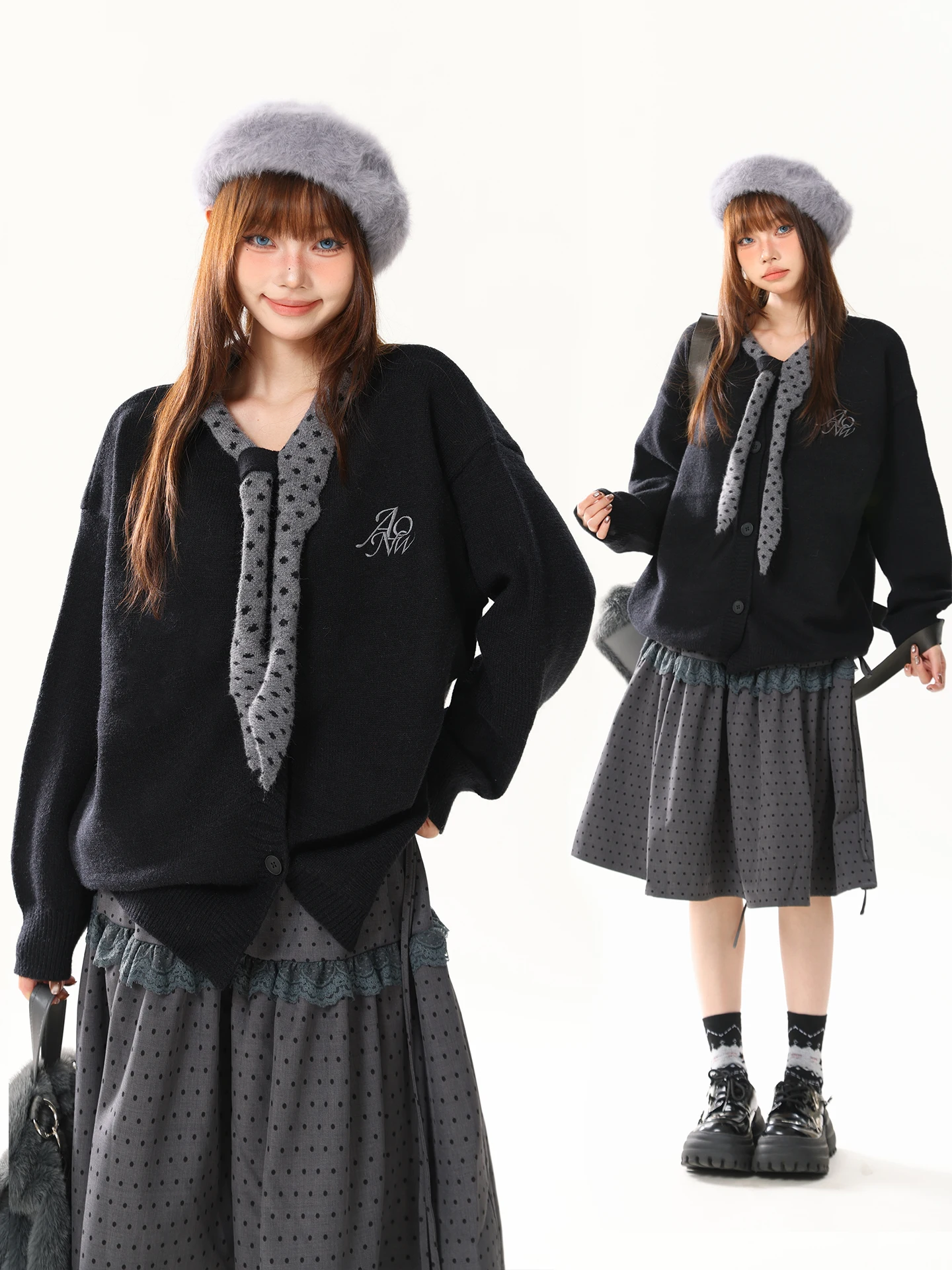 

Retro American Polka Dot Scarf Collar Sweater Coat Women Winter Loose Korean Sle Lazy Knitted Top V-ne Long Sve