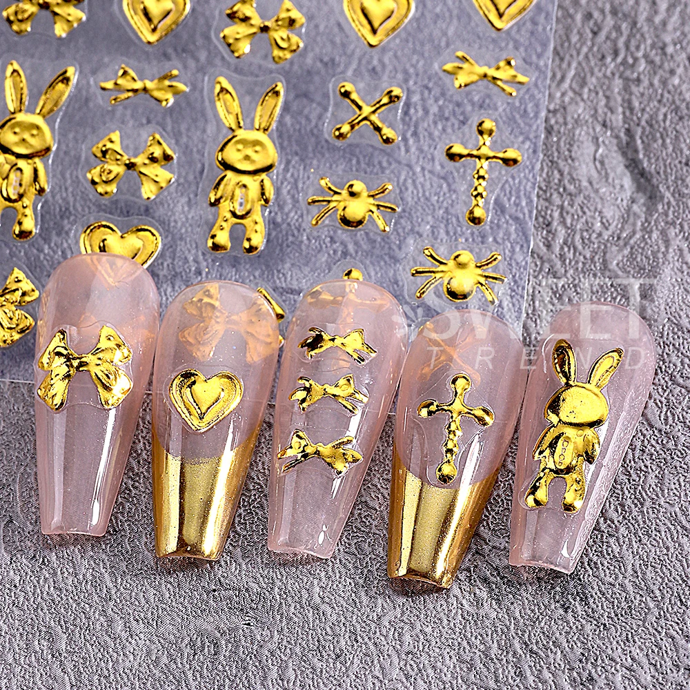 1/4 szt. Złote naklejki na paznokcie 5D z kokardką, punkowe serce/konik/pająk, ozdoby do paznokci Y2K, akcesoria do manicure, naklejki z zawieszkami