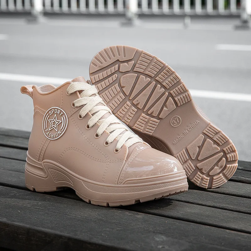 Beige Damen-Galoschen, wasserdichte Knöchel-Regenstiefel, Damen-Korean-Stil, lose Regenstiefel, Wasserschuhe, Damen, neue Regenschuhe mit breiter Zehenpartie – Detail 27