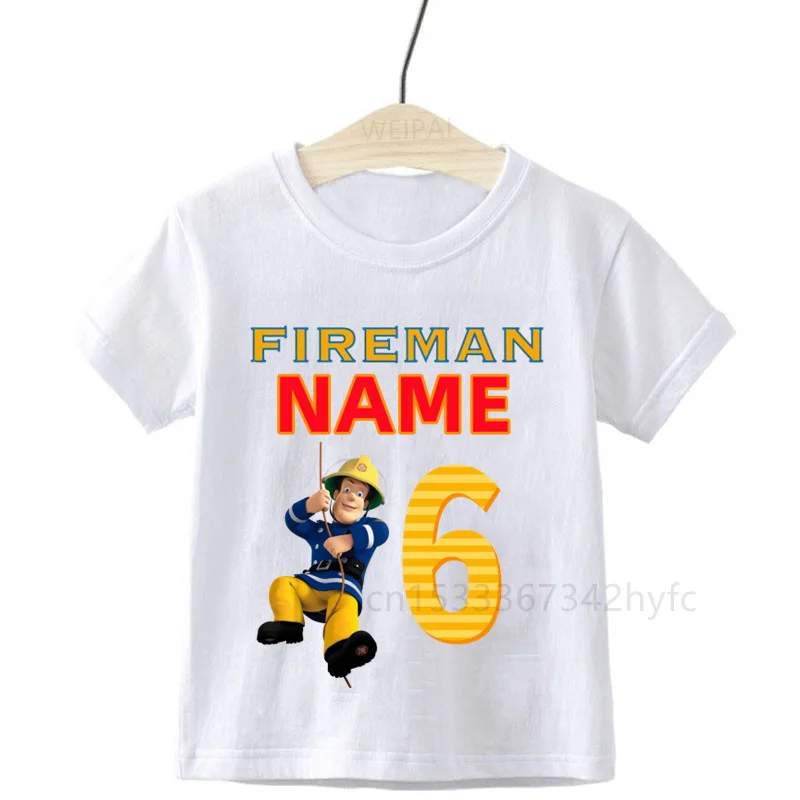 Kids Custom Name Fireman Sam Number 1-9 Birthday Printed T-Shirt Children Birthday Tops Boy T-Shirt Gift Please Note The Name