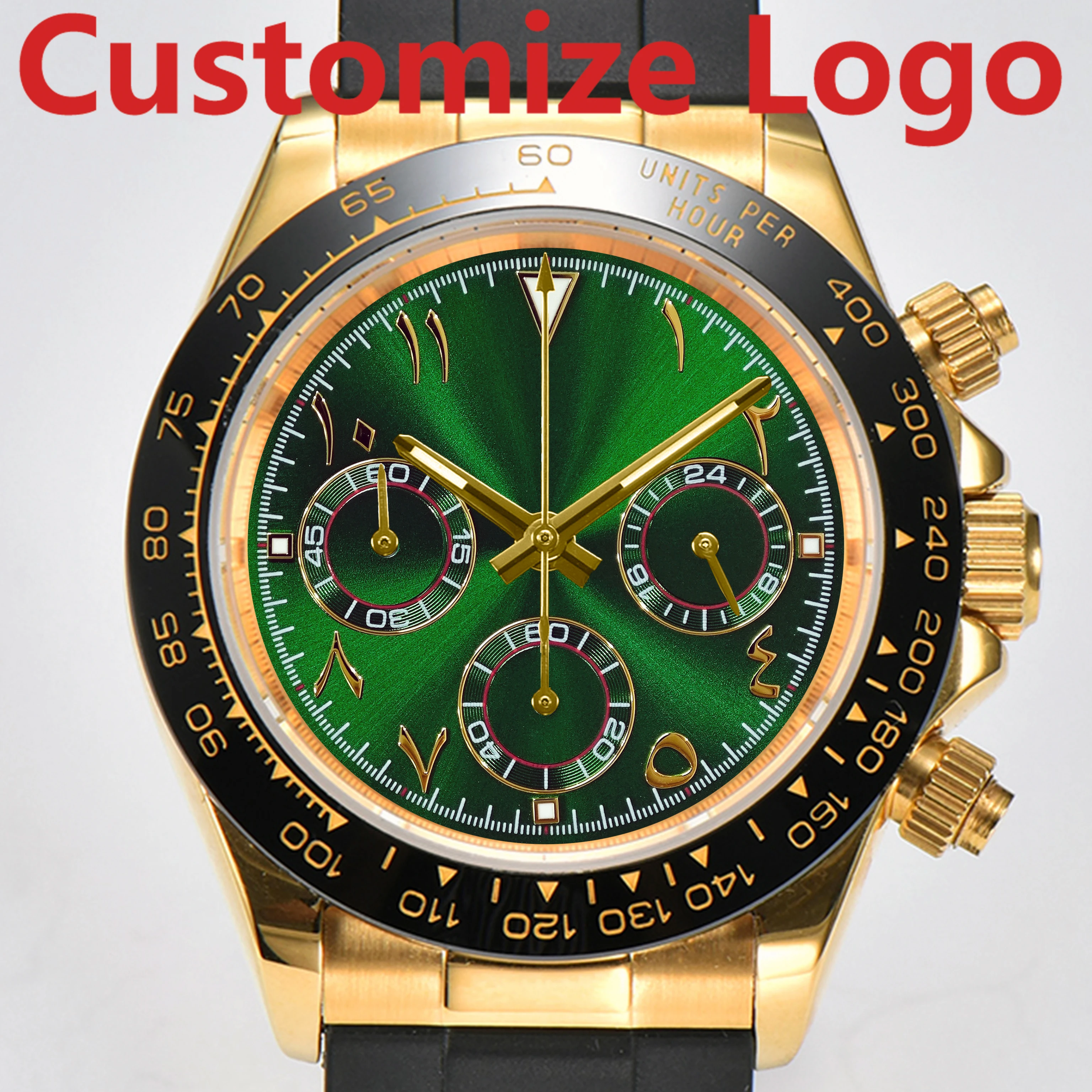 OUMASHI 42mm Gold Arabic Numerals Men’s Chronograph Watch VK63 Quartz Movement C3 Luminous Sapphire Glass Waterproof