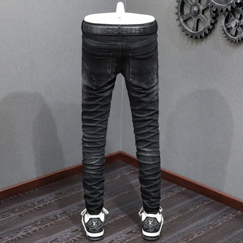 y2k new men's jeans washed nostalgic stretch slim fit painted perforated cashew flower patch black jeans high street hip