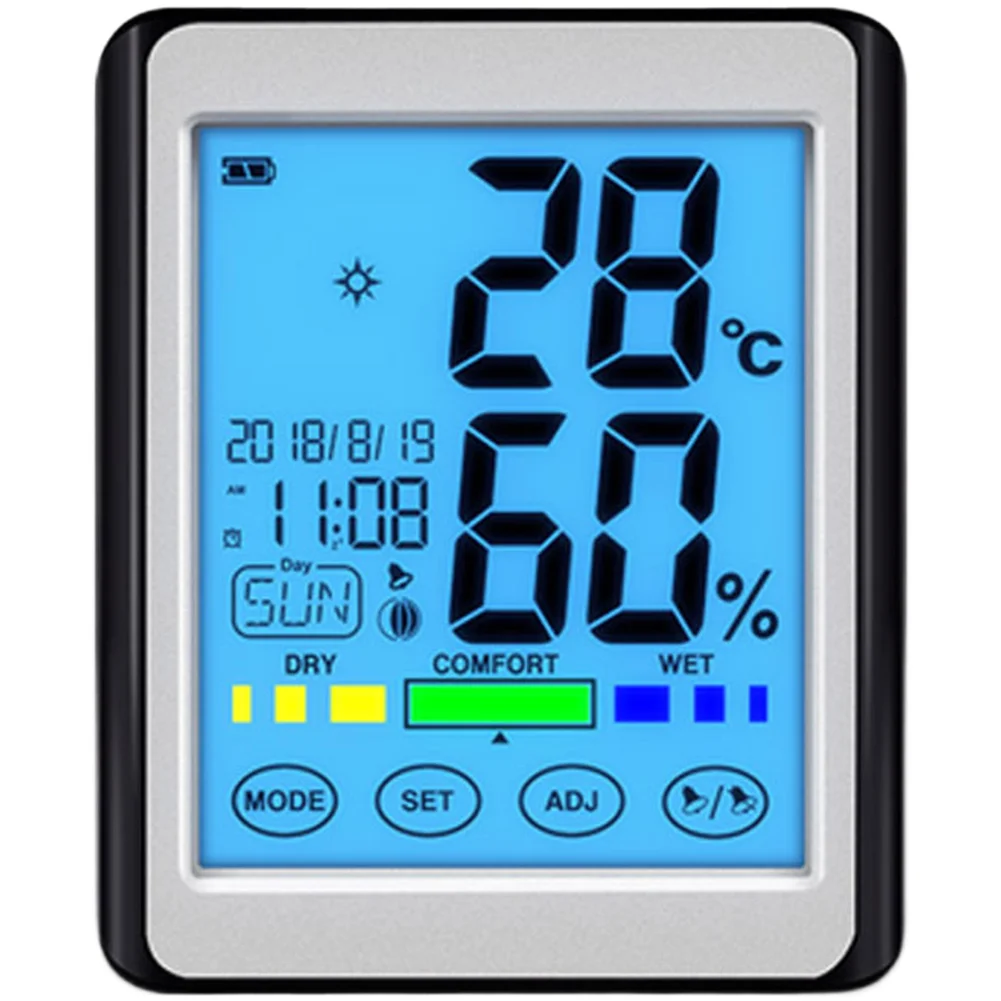 Indoor Temperature Humidity Monitor with Touch Screen LCD and Digital Clock 10C-50C 10-99RH Range 2x1.5V AAA Batteries