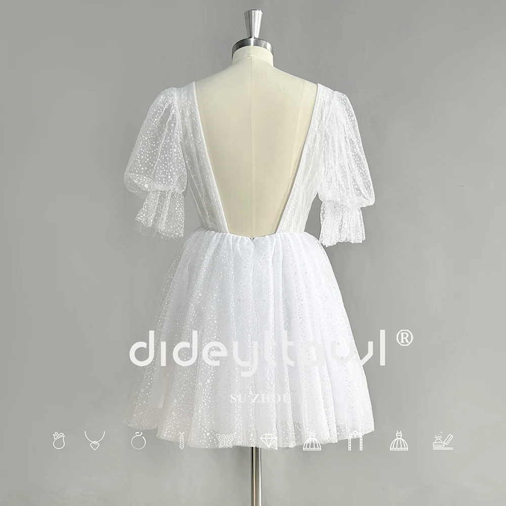 Dream personalizado decote em v profundo mini vestidos de casamento dot tule mangas curtas puff vestido de noiva sem costas acima do joelho boho vestido de noiva