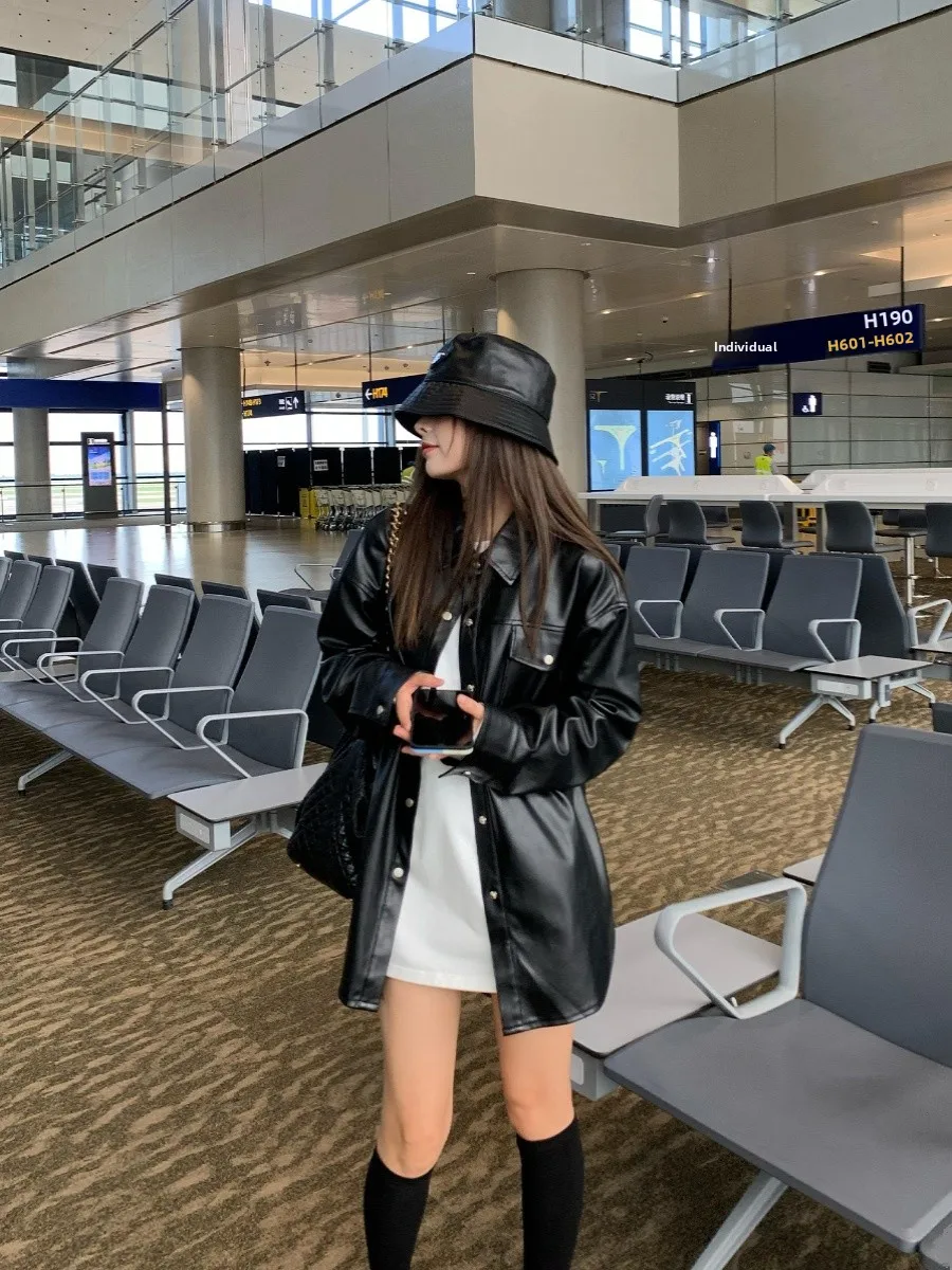 

Ciminfan Bla Leather Jaet Women's Long Sve Spring Autumn Loose Motorcycle Sle irt Jaet Coat Street Faion PU Le...