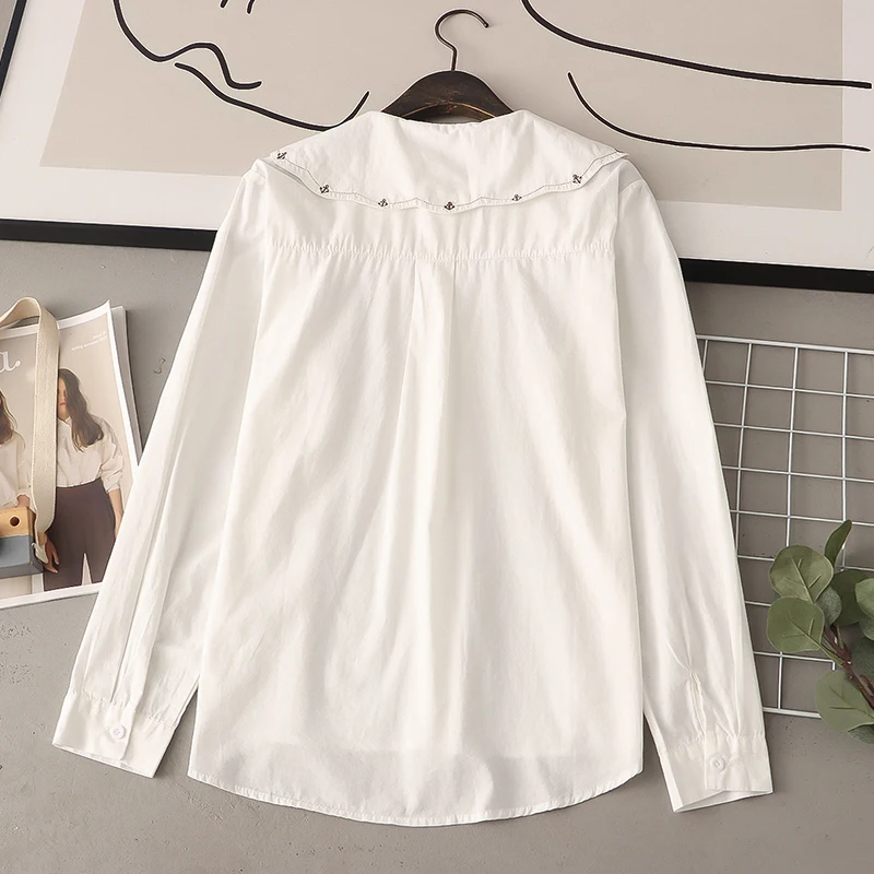 Outono dos desenhos animados menina bordado peter pan colarinho blusa topos roupas femininas camisa branca de manga comprida camisas e blusas de algodão u361