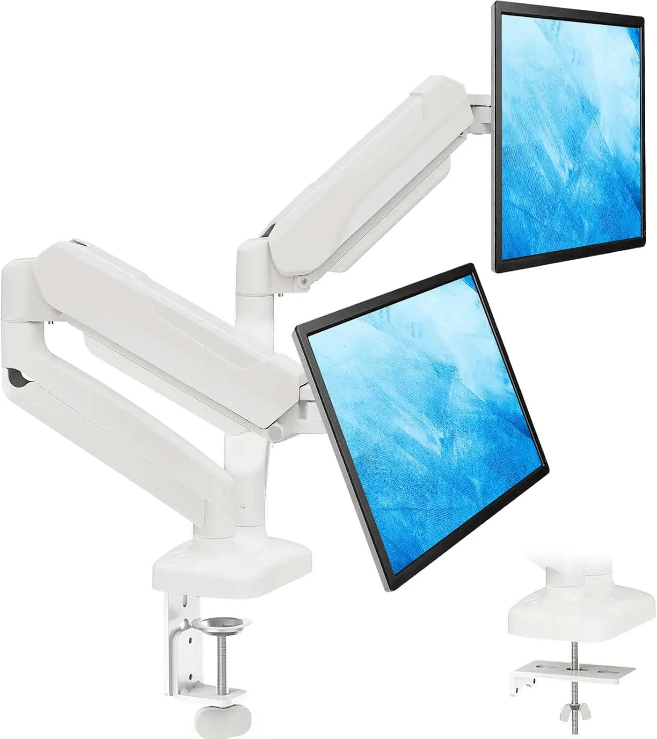 Dual Monitor Stand for Desk, Monitor Arms for 2 Monitors Max 32 Inches, Height Adjustable, VESA Mount with C-Clamp & Grommet Base, Holds 4.4-17.6lbs, White