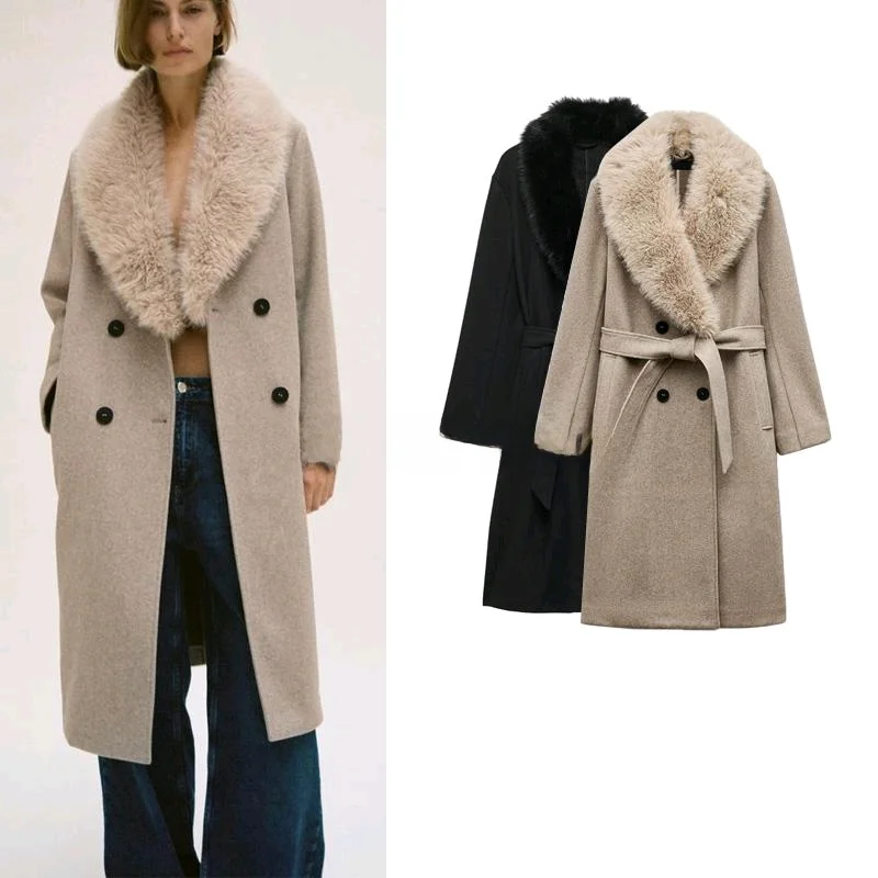 

Spring New Faionable Artificial Fur Effect Coat with Belt Stand Collar Long Sve Mid-Length Commute Sle Women's Jaet