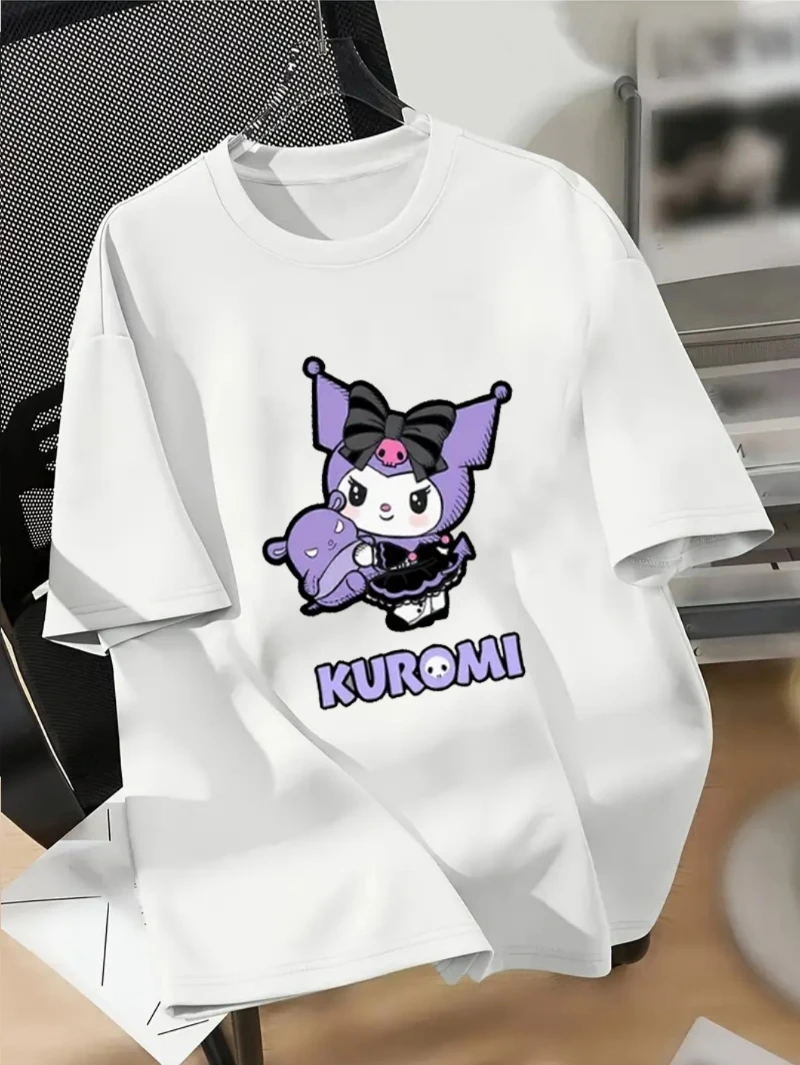 

Футболка на плечах с принтом Sanrio Kuromi, повседневный топ с короткими рукавами и круглым вырезом для весенней и летней женской одежды