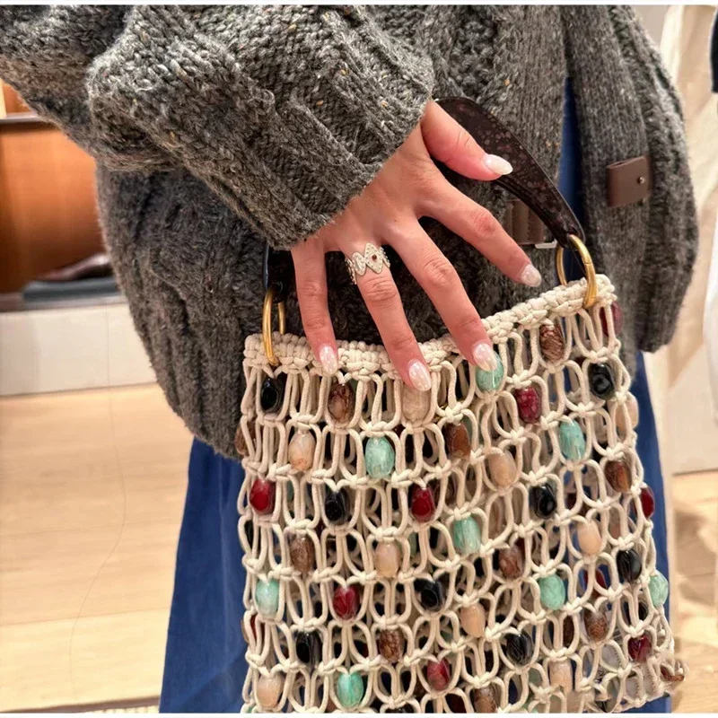 Vintage Handgefertigte Perlen-Handtasche Nischen-Designer Luxus Ausgehöhlte Bucket Bag Neue Sommer Damen Strand-Urlaubstasche – Detail 11