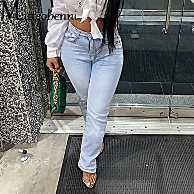 Sweet Style Campus Casual Light Blue Denim Pants Women's Stretch High Waist Straight Jeans Female Comfortable Commuter Trousers