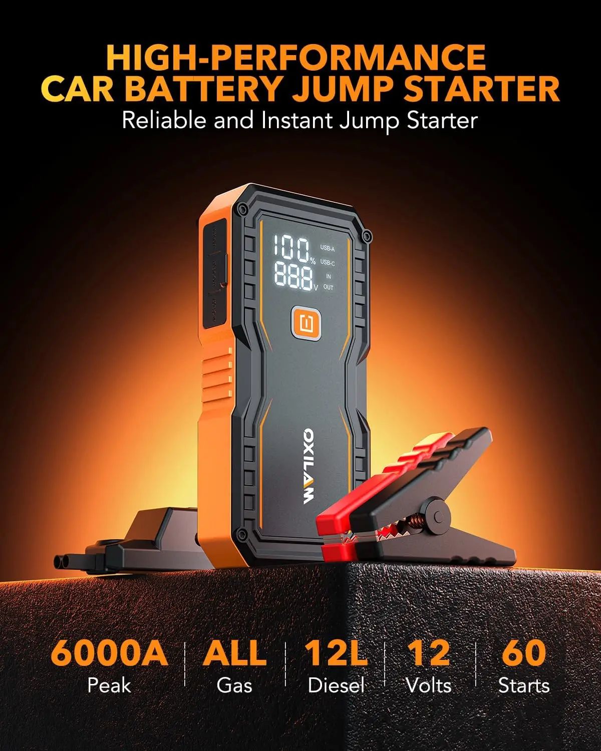 6000A Jump Starter for All Gas/12L Diesel, 12V Portable Car Battery Jumper with LED Display, USB & Type-C view 4