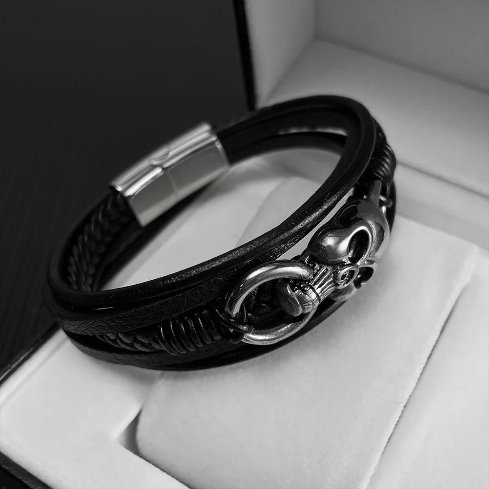 Fashion hand-woven multilayer men's leather bracelet Stainless Steel Hip hop Skull Scalp bracelet