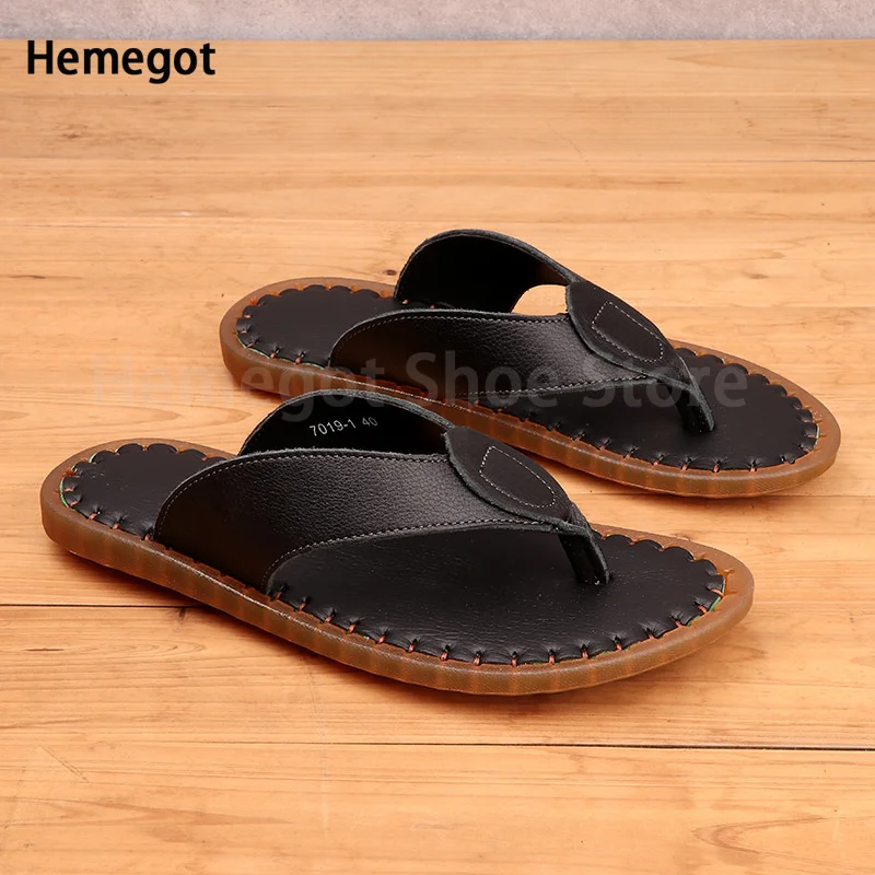 Summer Beef Tendon Bottom Flip-Flops Men's Top Layer Cowhide Flip-Flops Genuine Leather Soft Bottom Non-Slip Breathable for Men