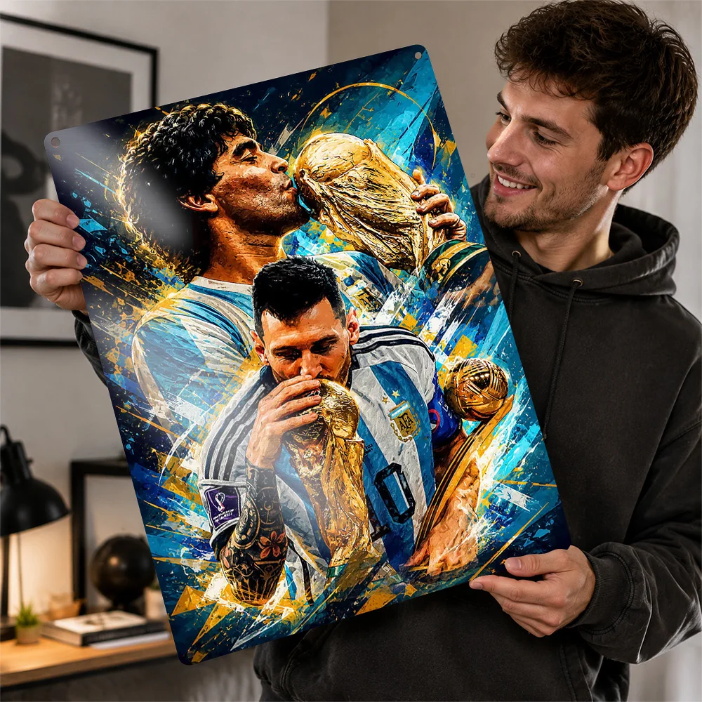 Maradona and Messi Kissing Trophies 3D Texture Metal Poster Customized Wall Art Tin Sign Gift for Mancave Bedroom Stuff Decor