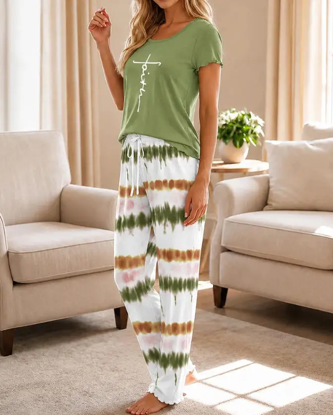 Two Piece Set Women Outfit 2026 Spring New Faith Letter Print Short Sleeve Top & Tie Dye Straight Leg Pants Casual Pajama Set