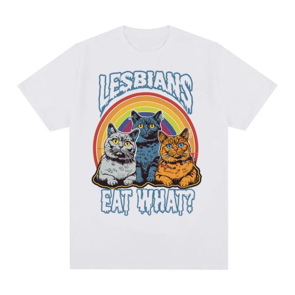 Lesbians Eat What Vintage Oversized T Shirts Men Women Fashion Funny Cute Cat Meme T-shirt High Quality  Cotton T Shirt Tops