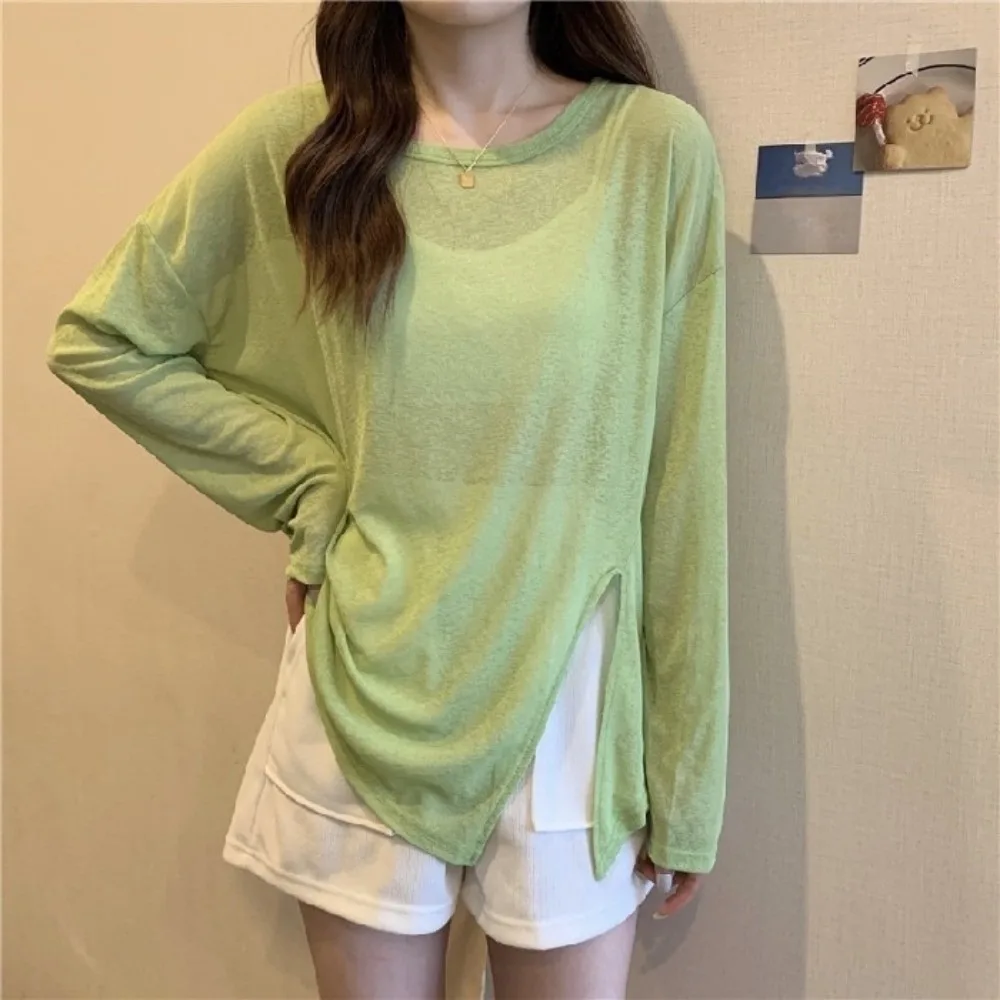 

Удобная тонкая солнцезащитная футболка с круглым вырезом, однотонная, для защиты от кондиционеров, свободная, эластичная, с длинными рукавами, летняя