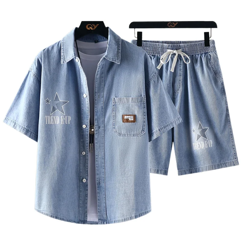 

【Short Sleeve Shirt + 5-Point Pants】Men's Shirt Set Summer Trendy 100% Cotton Denim Breathable Comfortable Street Fashion Casual