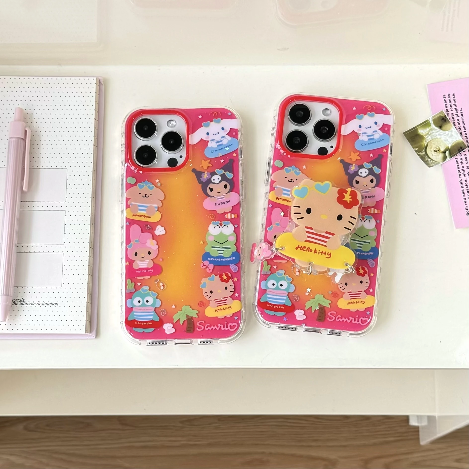 

Sanrio Series For Hello Kittyu Family Super Cute Shell Bracket Supporting Small Pendant Phone Case For iPhone16 13 14 15 Pro Max