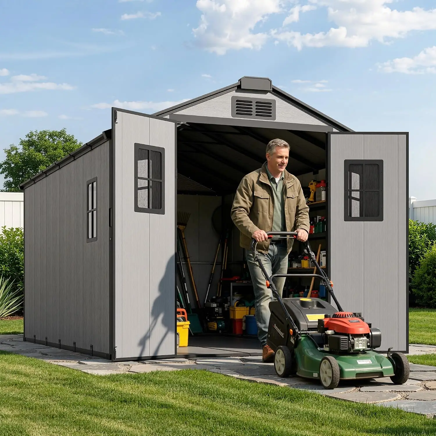 8x8 FT Outdoor Storage Shed Plastic Resin Floor Window Lockable Door Patio Furniture Tools Bicycles Lawnmower, Customized