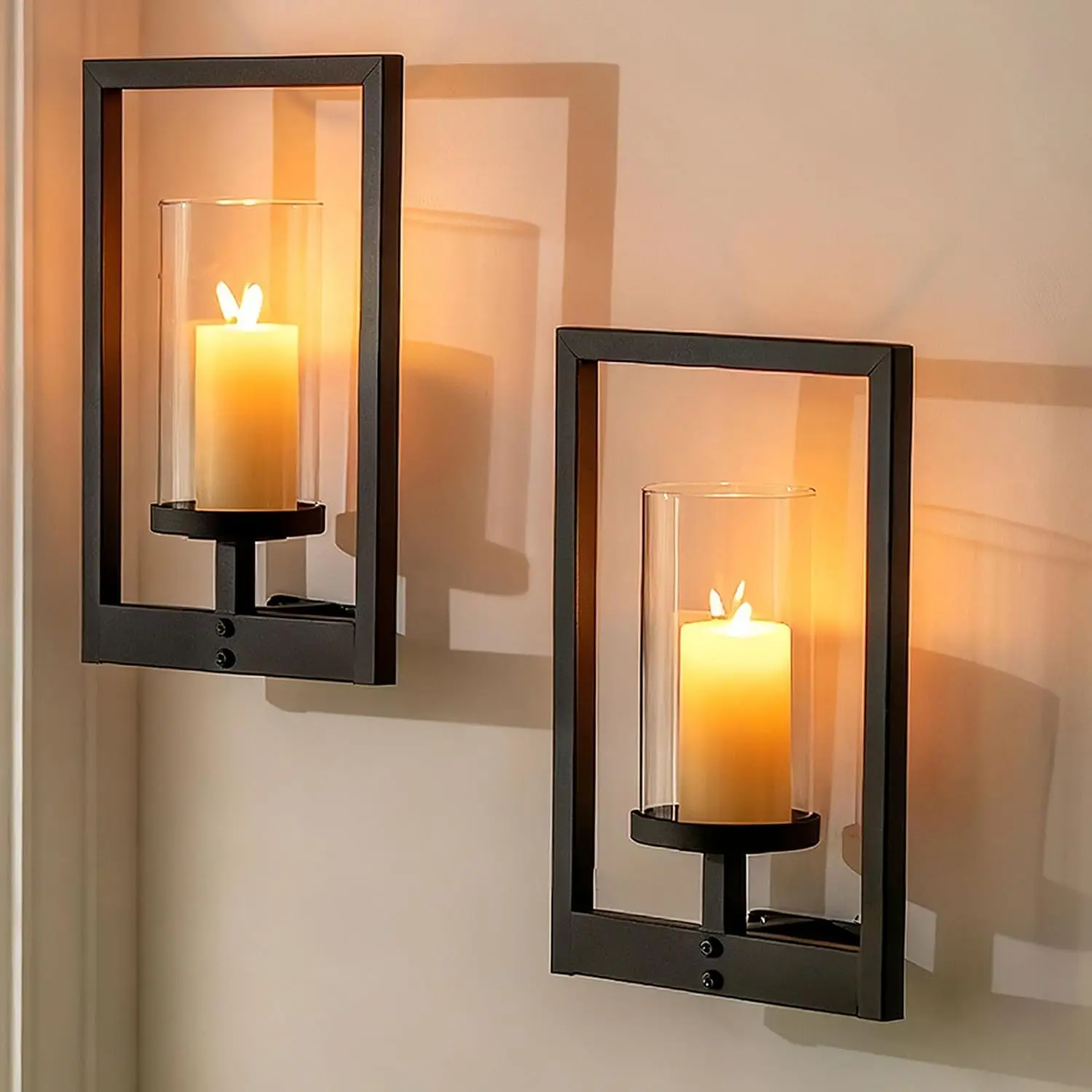 2-Pack Wall-Mounted Candle Sconces, Modern Black Metal Pillar Candle Holders with Clear Glass Shade, Decorative Wall Lanterns for Indoor Home Decor