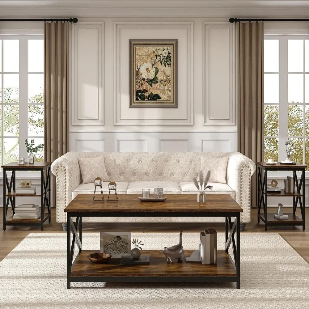 Living Room Coffee Table Set of 3, Industrial X-Design Coffee Table and 2 End Side Tables, 3 Piece Living Room Table Set with L