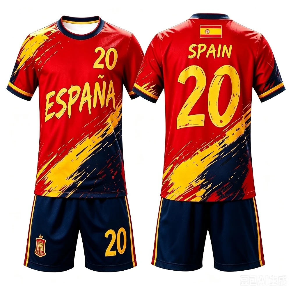 Spain Brush Stroke Number 9101920 Short Sleeve Football Top & Matching Shorts, Breathable Sports Uniform for Football Fans