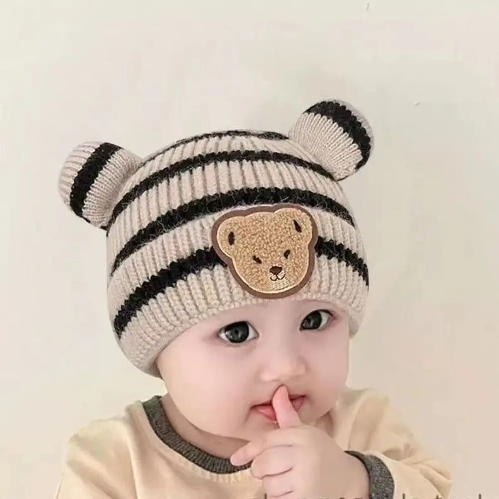 Korean Style Cartoon Bear Knitted Hat Solid Color Wool Baby Beanie Cap Thermal Hat Skullies Kids Crochet Hats Newborn