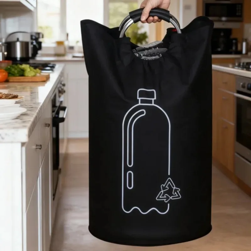 Panier de rangement pour bouteilles vides de grande capacité avec poignée en aluminium, sac collecteur de bouteilles d'eau usée de 82 L, poubelle de recyclage pliable