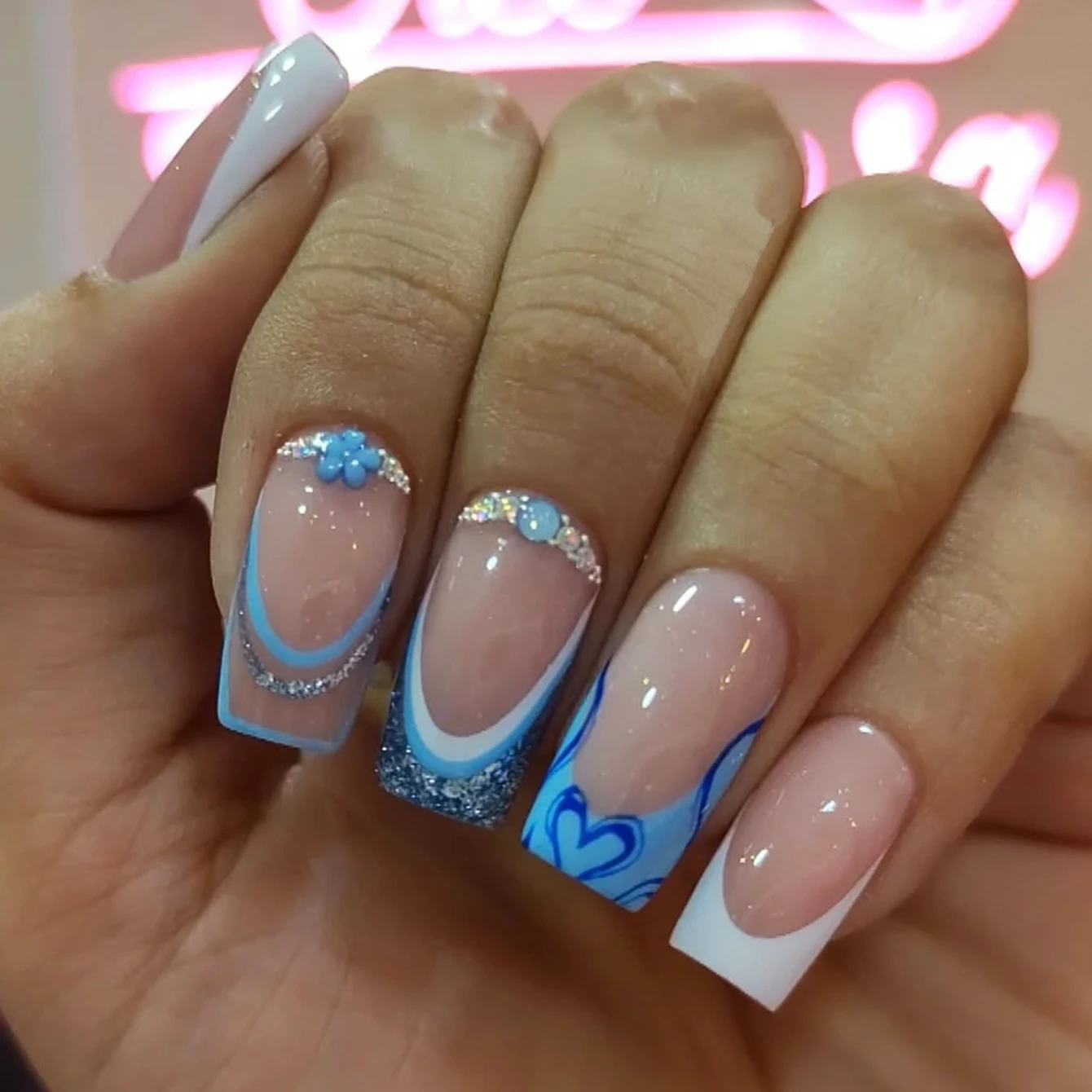 10PCS Handmade Nails, Square Nails, French Blue Border Design Fake Nails, Fully Covered Heart-Shaped Short Nails Fake Nails