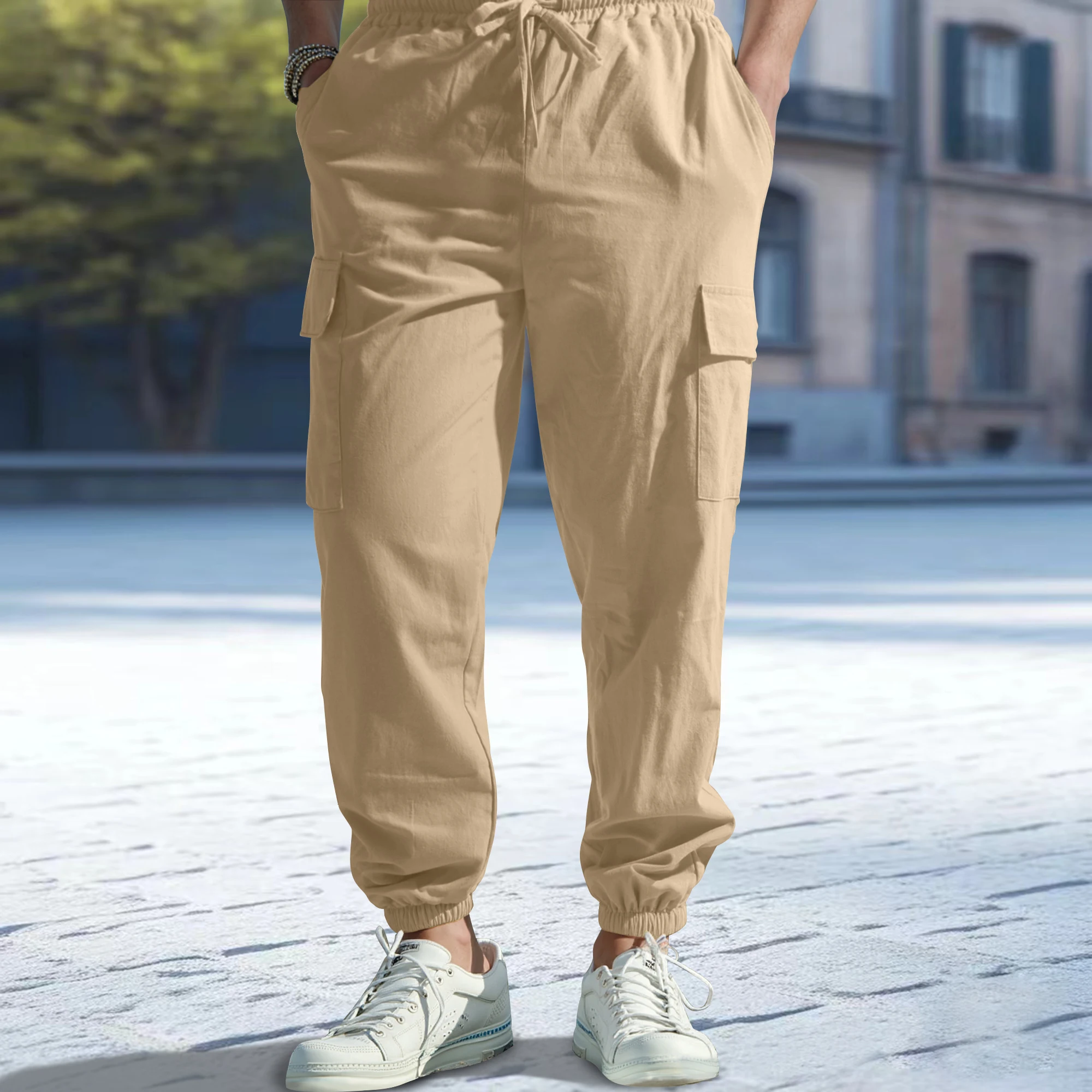 Casual Trousers Men's Cargo Casual Pants Solid Color Double Pocket Outdoor Pants Drawstring Leg Casual Pants