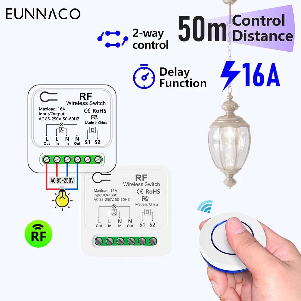 RF433Mhz Wireless remote control light switch 110V 220V 16A wall box 2-way control mini, 50m transmitter,lazy delay off function