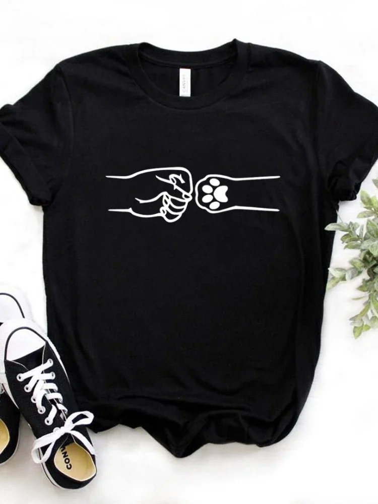 Dog Cat Hand Fist Bump Print Women T Shirt Short Sleeve O Neck Loose Women Tshirt Ladies Fashion Tee Shirt Tops Camisetas Mujer