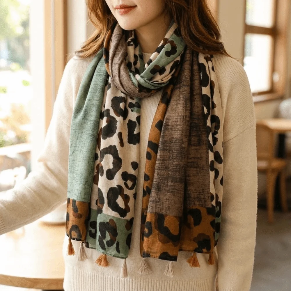 Fashionable Color Block Leopard Print Scarf Cotton Linen Texture Tassel Large Wrap Shawl Soft Warm Neck Scarf Autumn Winter