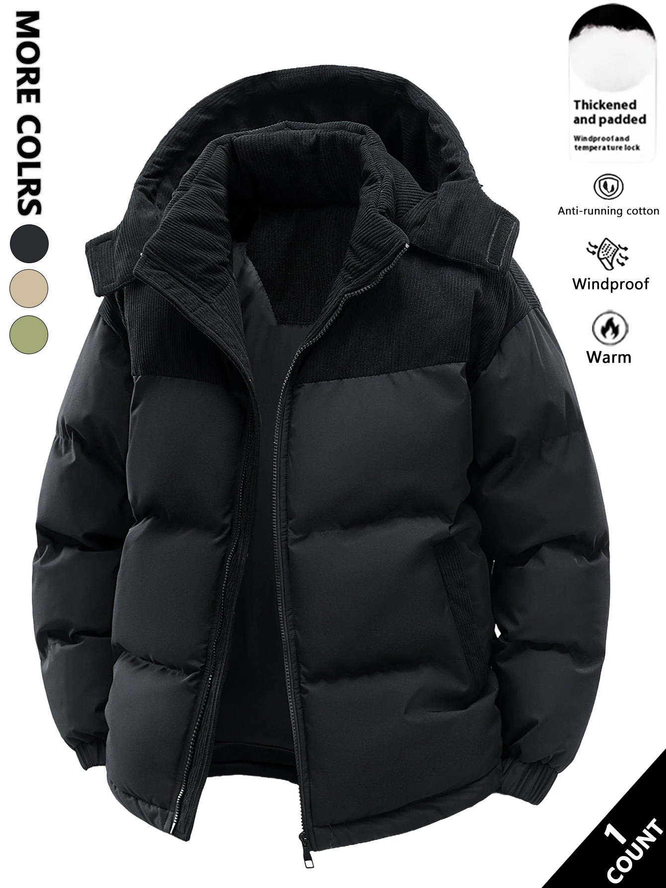 Men's Hooded Cotton Jacket, Thickeneded and Warm in Winter, Windproof and Cold-Resistant, Simple and Versatile for Work Clothing