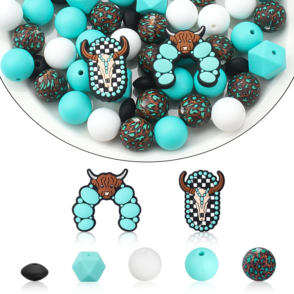 30Pcs/Set Turquoise Cowboy Silicone Bead Set Assorted Shapes Focal Beads for DIY Pens Keychains Bracelets Craft Kit Essentials