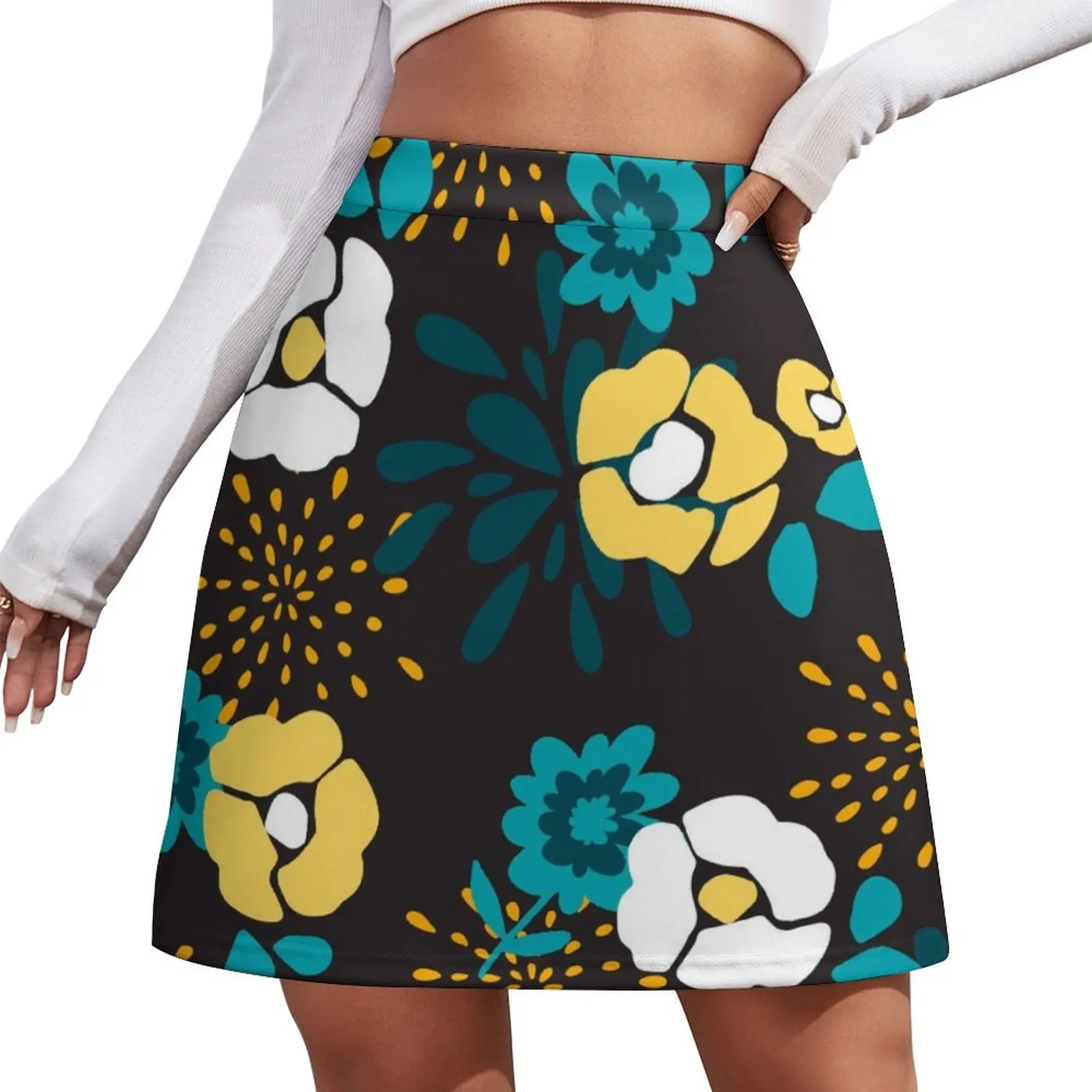 Blue, yellow and white vivid flowers Mini Skirt fashion korean clothing School skirt Mini Skirt
